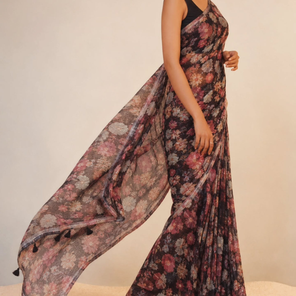 Midnight Bloom shimmer saree