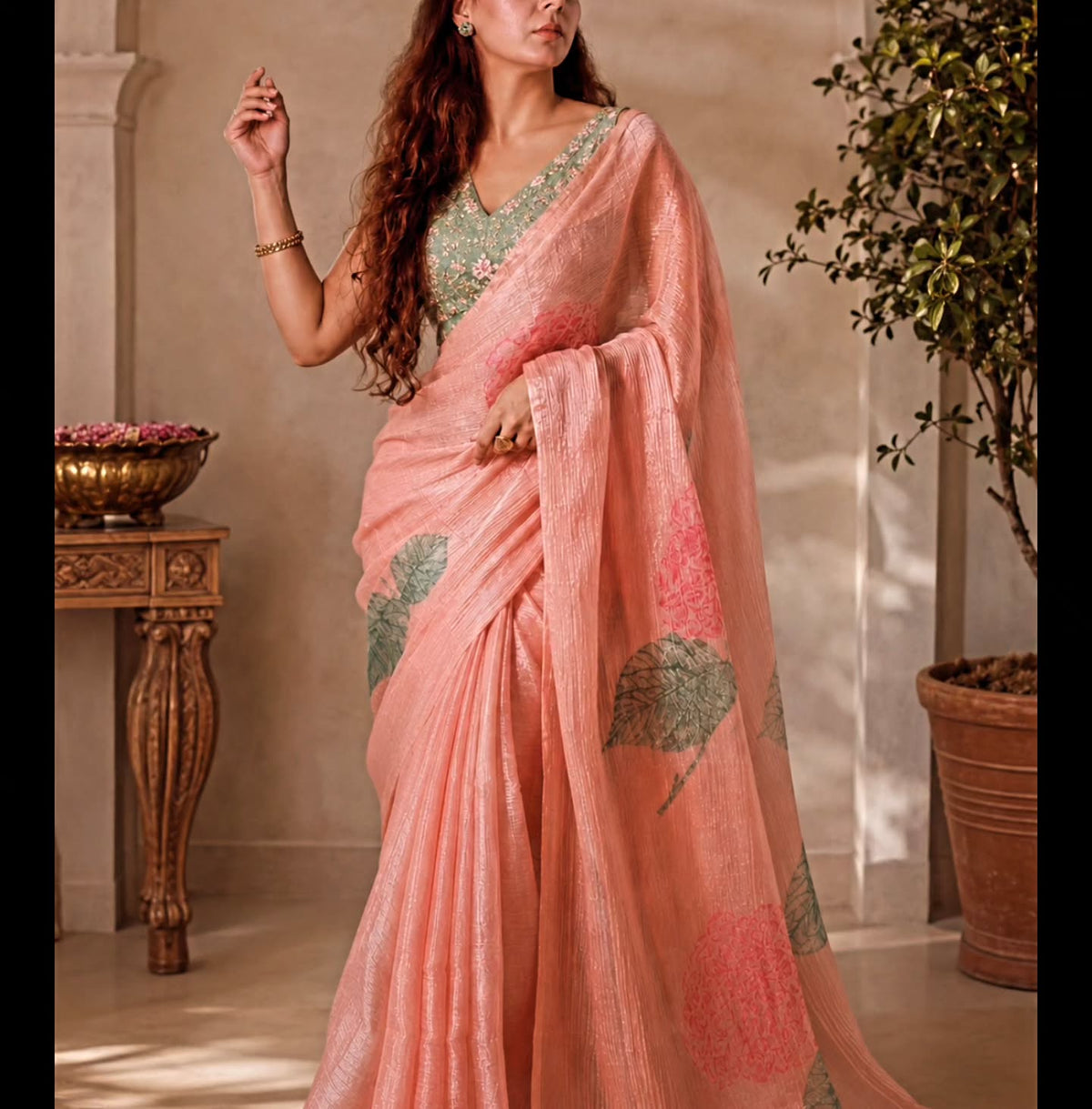 Pink shimmer organza saree