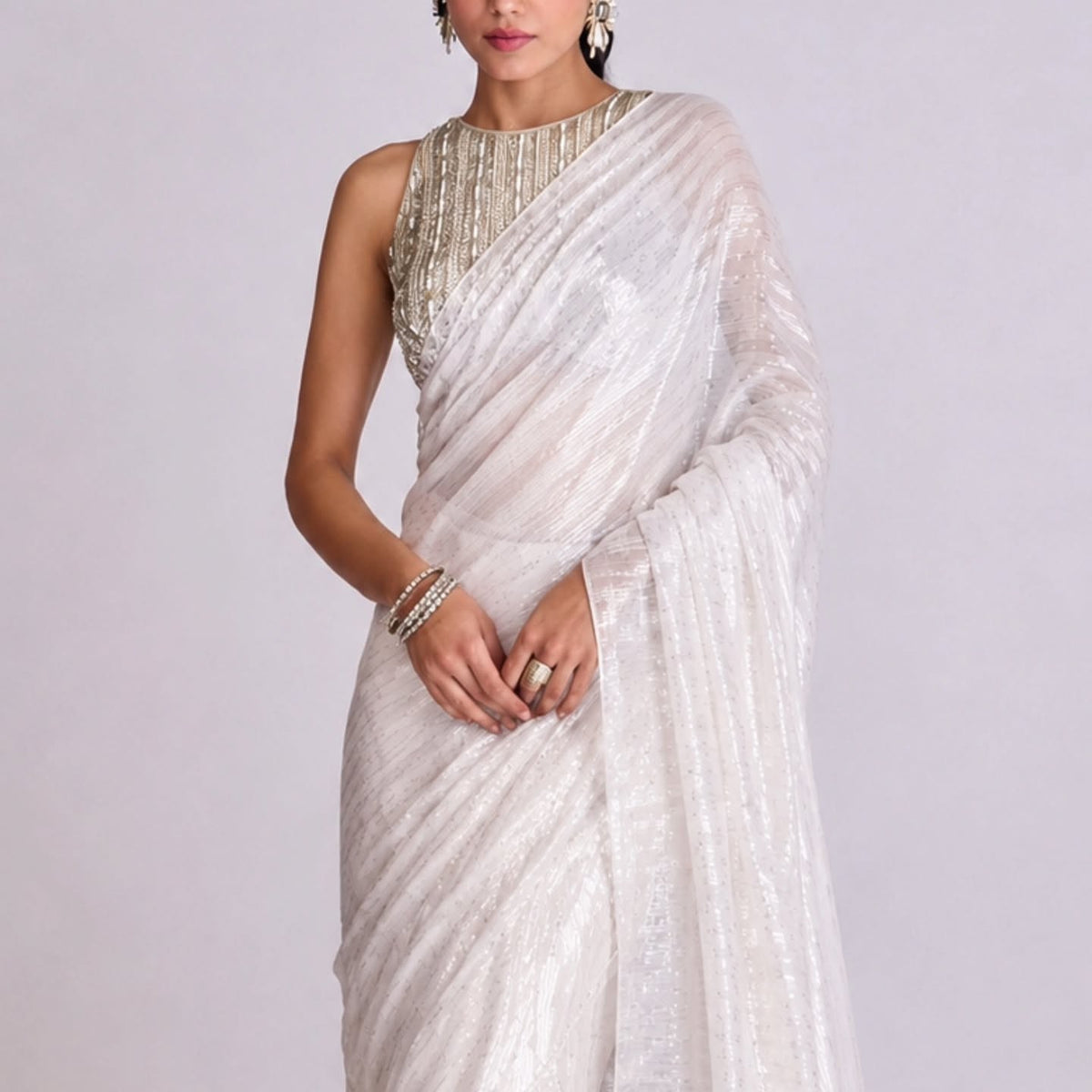 pure georgette white saree with lurex work