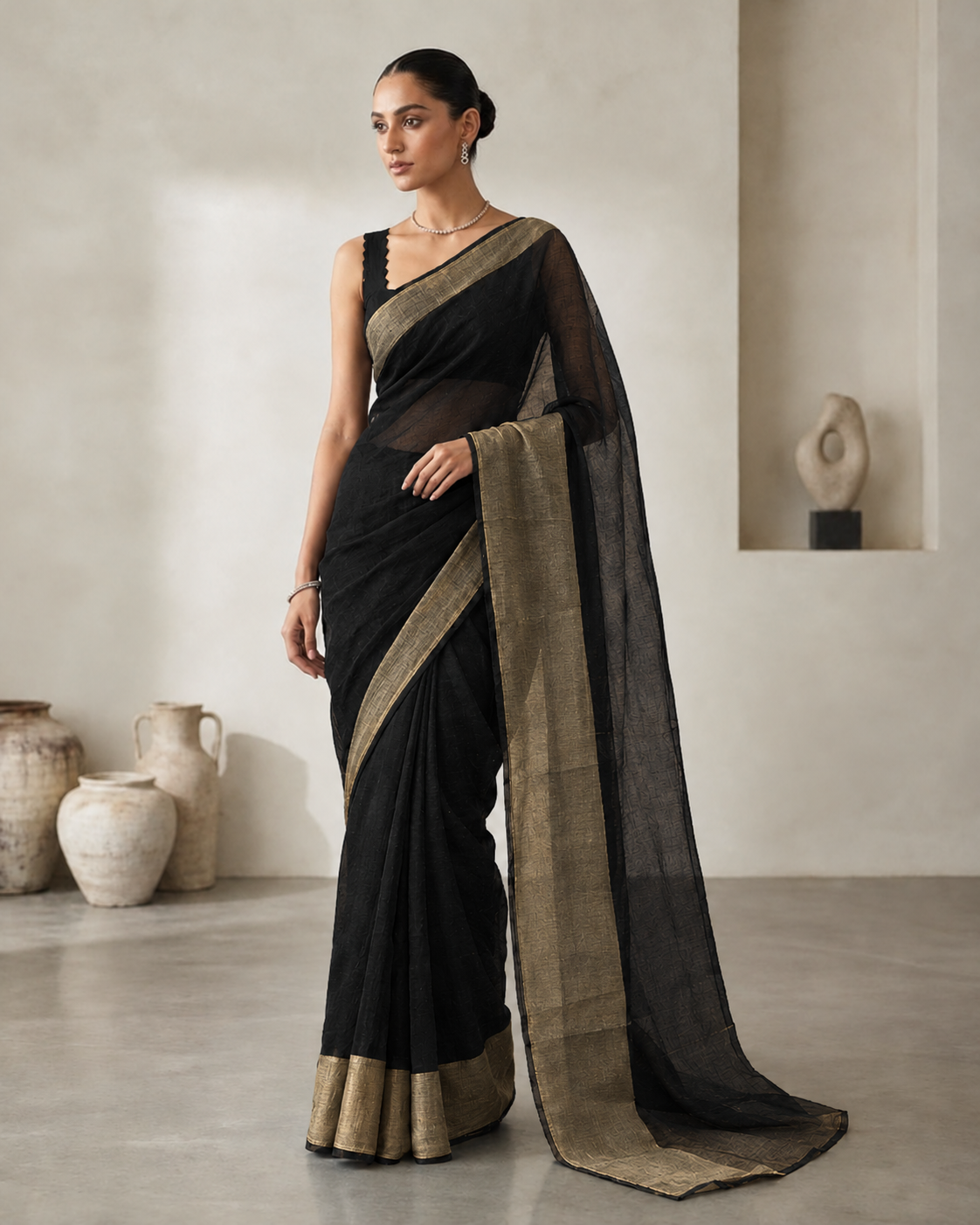 Black chiffon saree with antique gold border.