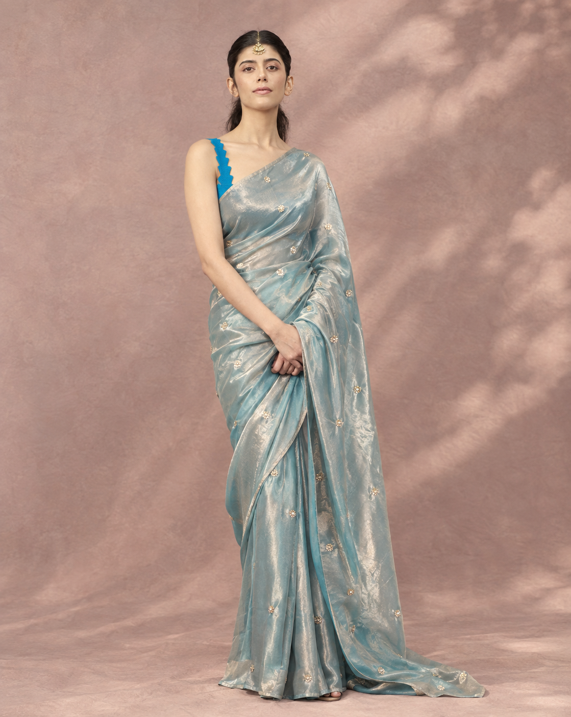 Dual tone silver blue saree