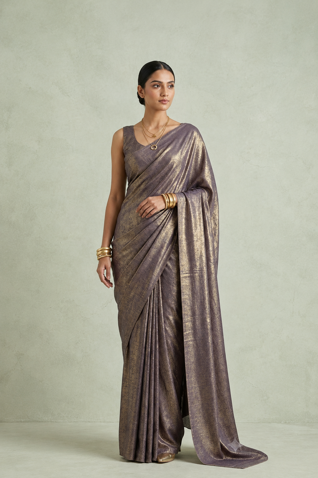 Deep Plum With Antique Gold Shimmer Pure Crepe Sare.