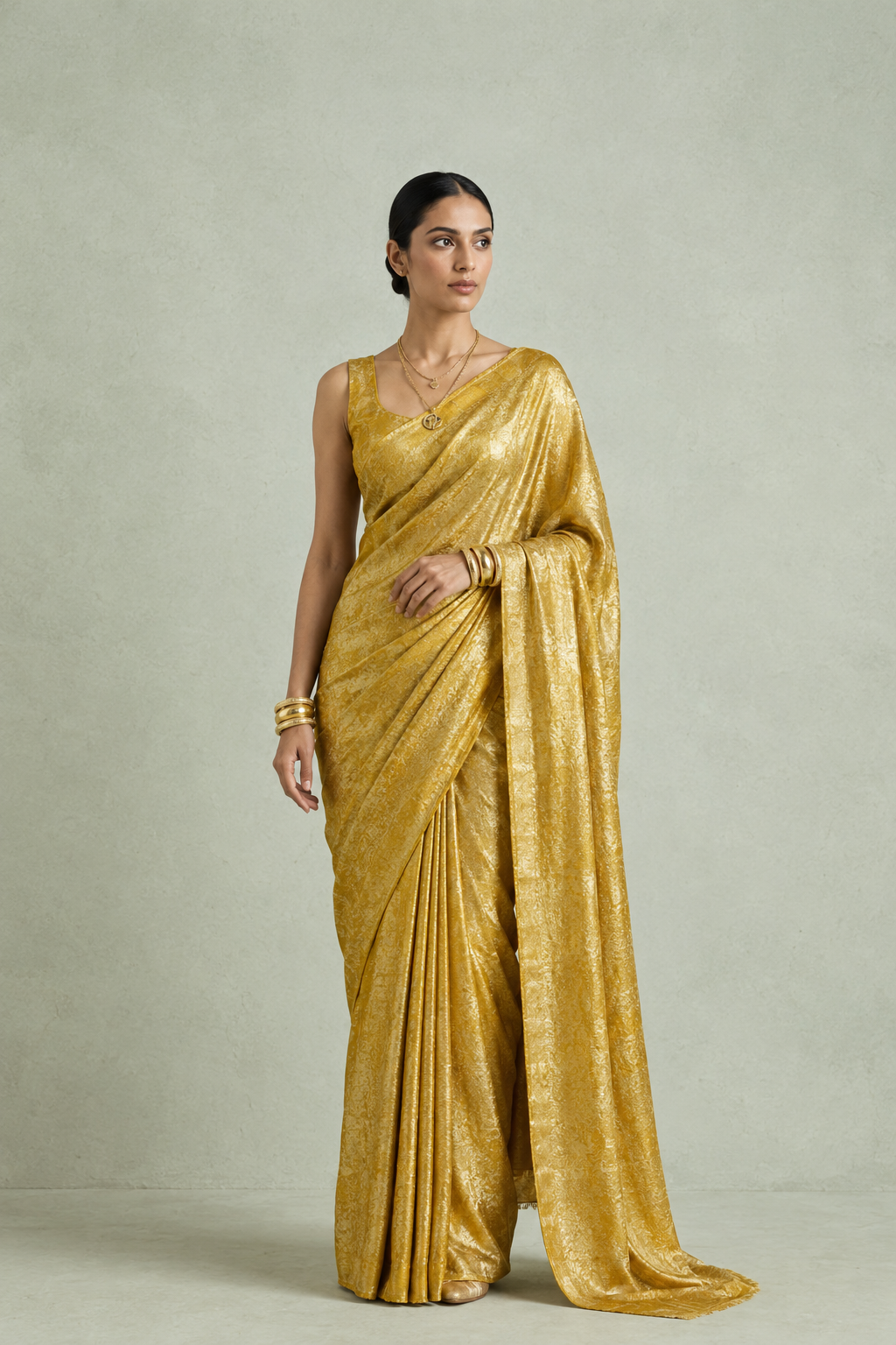 Mustard Gold Pure Shimmer Crepe Saree.