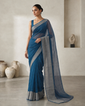 Deep teal blue chiffon saree