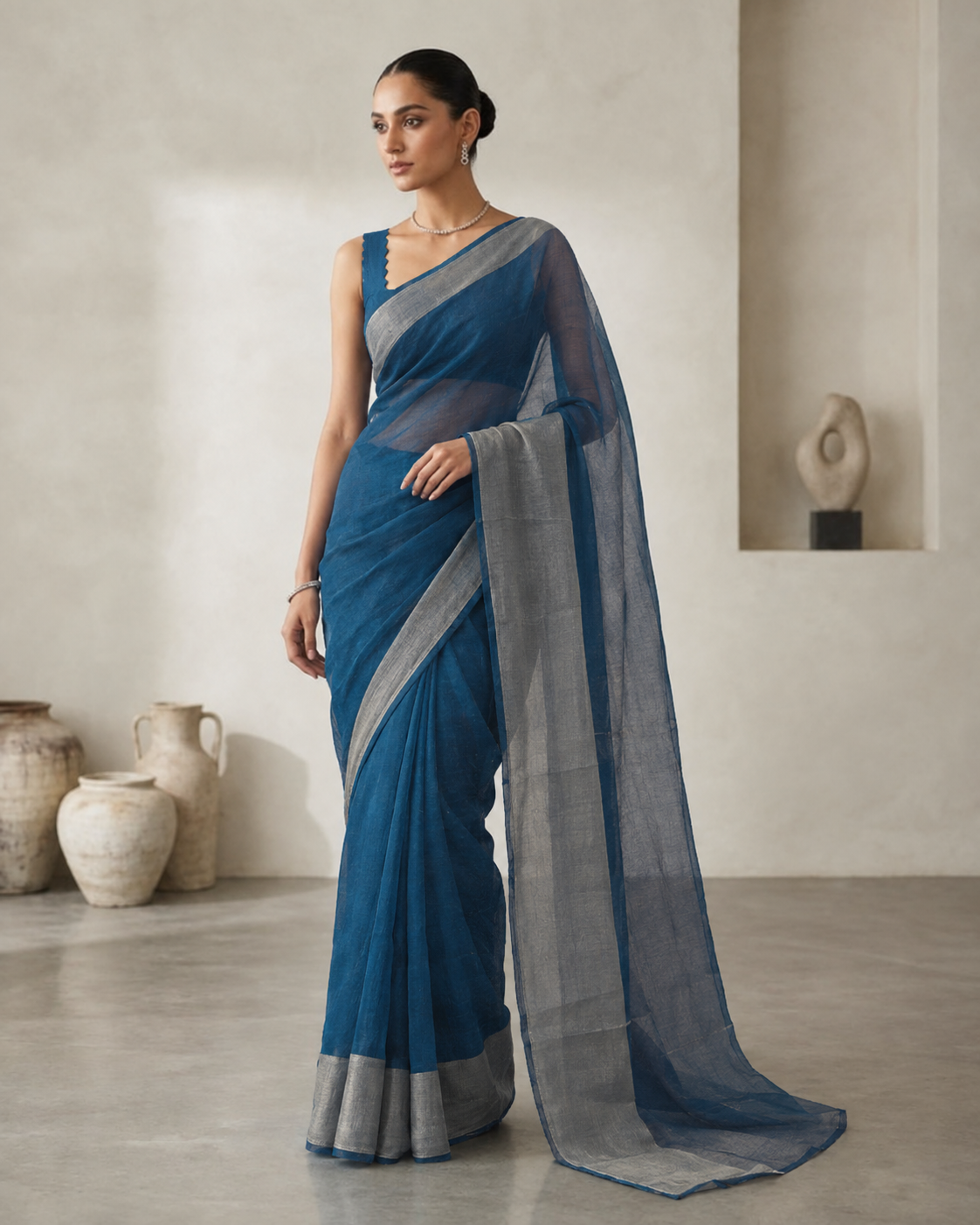 Deep teal blue chiffon saree