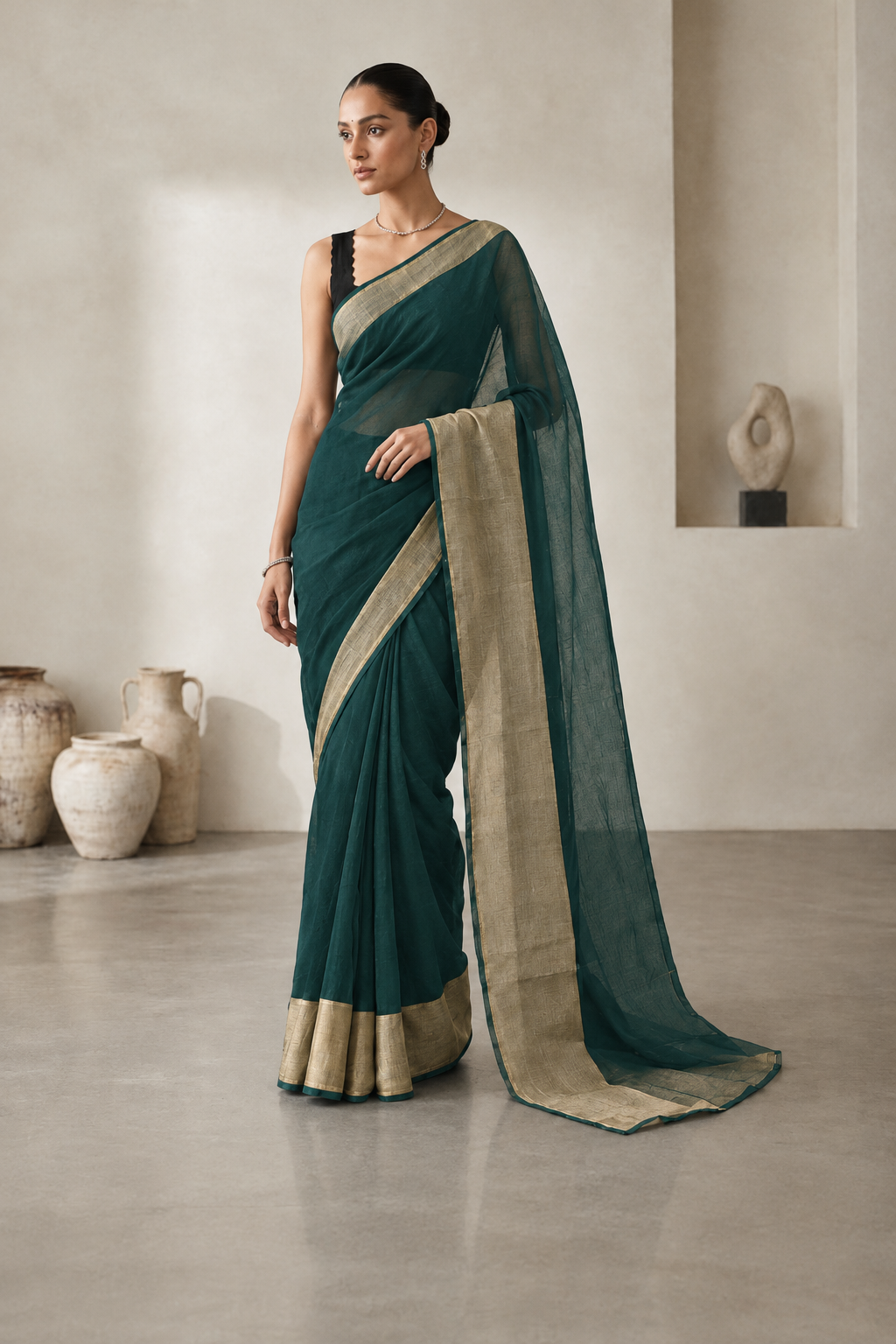 Deep olive chiffon saree with antique gold border.