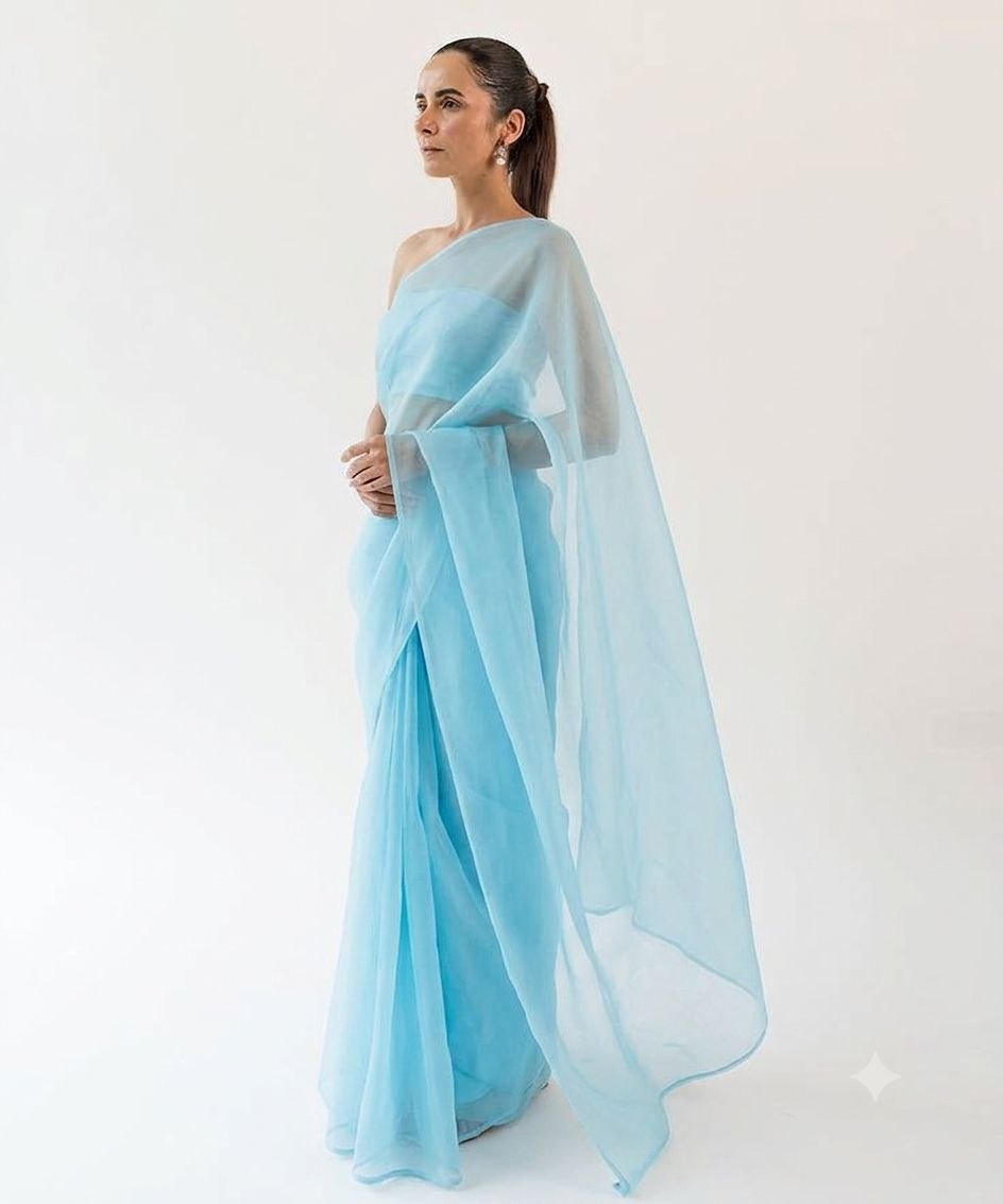 light sky blue soft organza saree